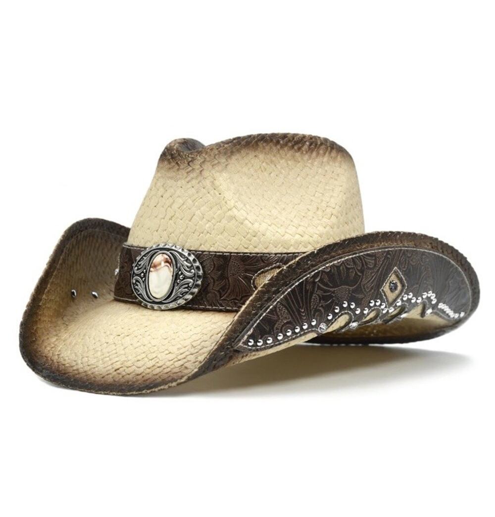 Cowboy Hats for Women and Men Straw Western Hat Embroidered Medium-Large Tan